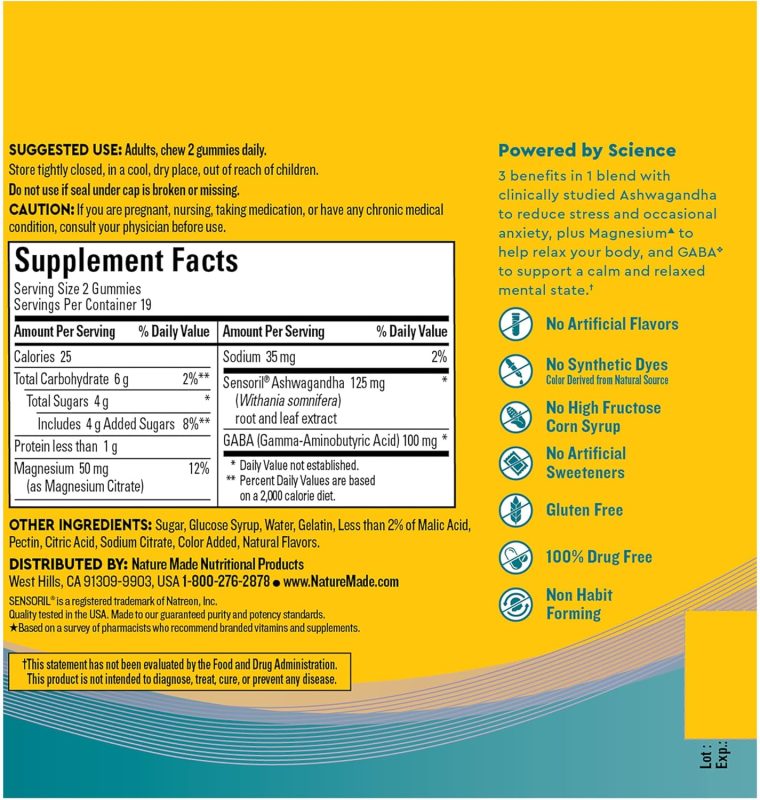 Nature Made Wellblends Calm Mind & Body, Magnesium Citrate, Ashwagandha 125mg & GABA 100mg Blend for Stress Relief, 38 Gummy Vitamins - Image 5