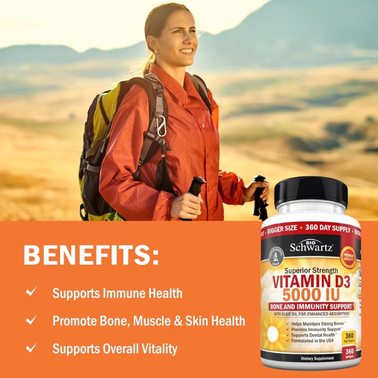Vitamin D3 5000 IU (125 mcg) Natural Immune Support Supplement, Bone Strength, Healthy Muscle Function, with Olive Oil for Highest Absorption, Gluten Free & Non-GMO, 1 Year Supply, 360 Softgels - Image 3