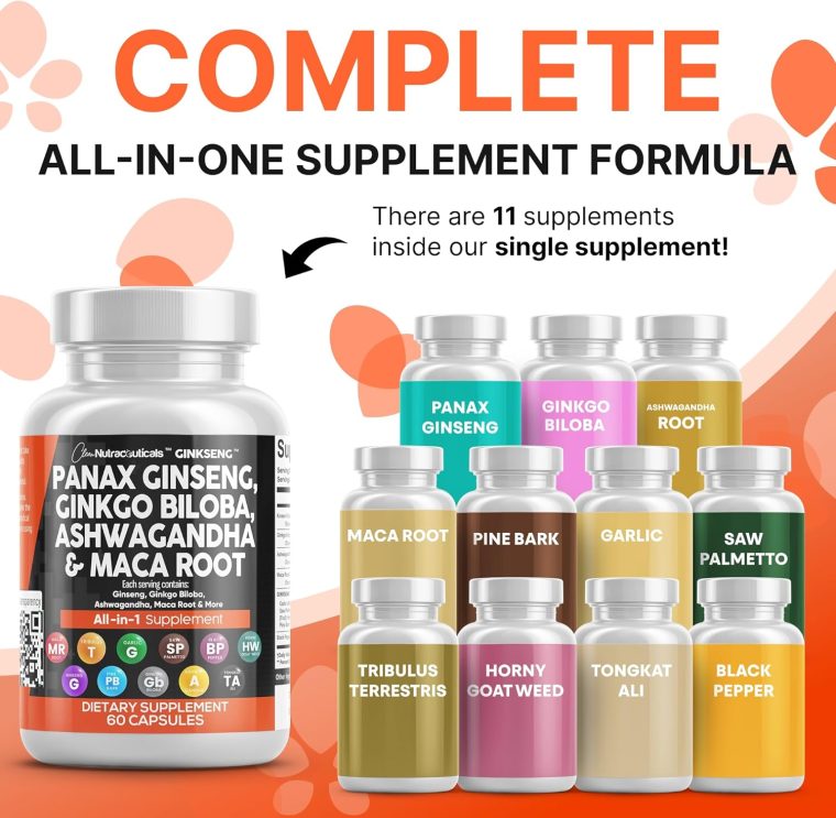Clean Nutraceuticals Panax Ginseng Ginkgo Biloba Ashwagandha Maca Root - Focus Supplement Pills for Women and Men with Pine Bark Extract, Garlic, and Saw Palmetto - 60 Caps - Image 2