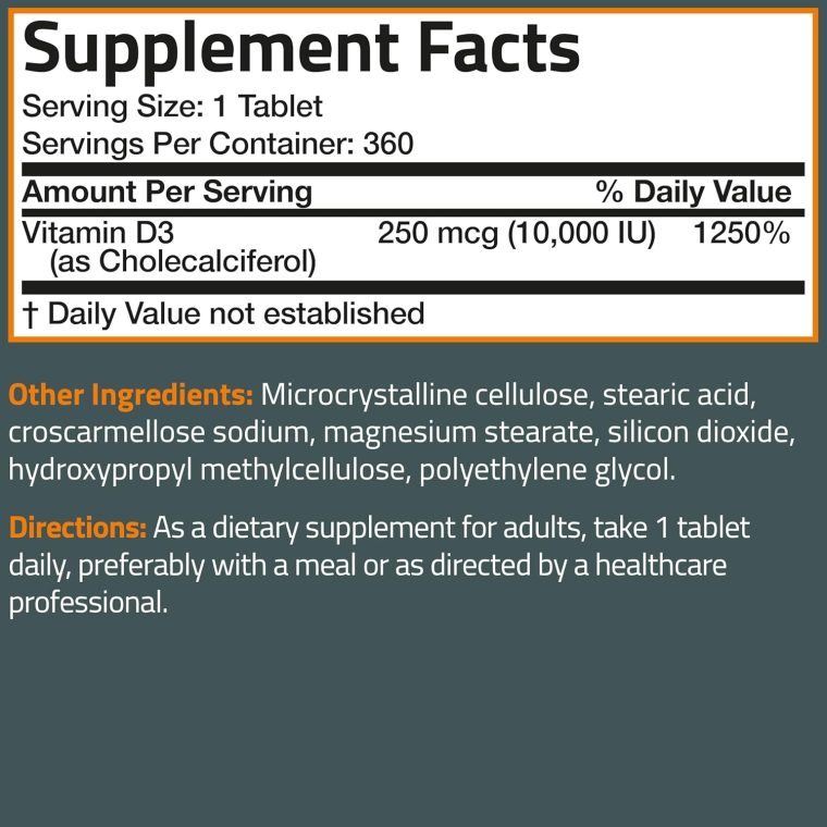 Bronson Vitamin D3 10,000iu (250mcg) 1 Year Supply for Healthy Muscle Function and Immune Support, Non-GMO, 360 Tablets - Image 8