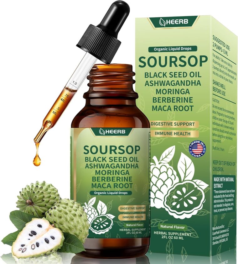 Soursop Bitters Liquid Drops with Black Seed Oil Ashwagandha Moringa Maca Root Organic Soursop Graviola Liquid Drop for Digestion Immune Health Liver Cell Support Antioxidant, 2 Fl Oz 60ML