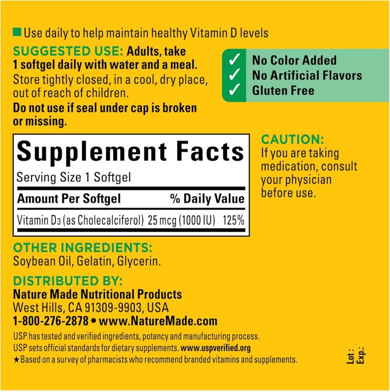 Nature Made Vitamin D3 1000 IU (25 mcg), Dietary Supplement for Bone, Teeth, Muscle and Immune Health Support, 300 Softgels, 300 Day Supply - Image 5