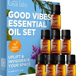 Gya Labs Good Vibes Essential Oil Set, Essential Oils for Diffusers, Self-Care, Skin, Candle Making & Gift Set - Peppermint, Rosemary, Rose Geranium, Lemongrass, Roman Chamomile - 8 x 0.17 fl oz