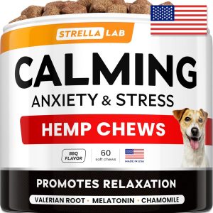 STRELLALAB Advanced Calming Chews for Dogs - Hemp Chews + Melatonin - Anxiety Relief - Sleep Aid - Relaxing Treats - Stress Relief During Fireworks, Storms, Thunder, Barking - Made in USA - BBQ - 60Ct
