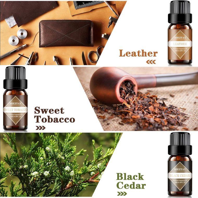 Mens Essential Oils Set - TOP 6 Gentlemen's Fragrance Oil for Diffuser, Candle & Soap Making - Sandalwood, Cologne, Black Cedar, Leather, Sweet Tobacco, Bay Rum Essential Oil Kit for Men (10mL) - Image 3