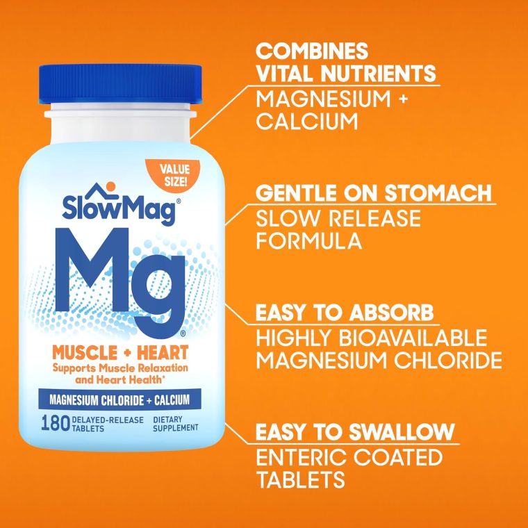 SlowMag Muscle + Heart Magnesium Chloride with Calcium Supplement to Support Muscle Relaxation, Occasional Muscle Cramping & Heart Health, High Absorption, 180 Count - Image 6