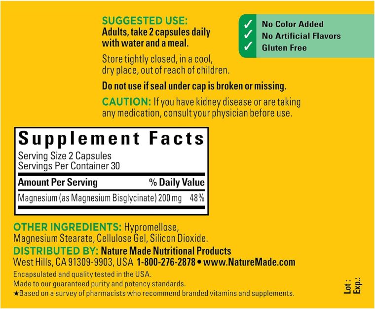 Nature Made Magnesium Glycinate 200 mg per Serving, Magnesium Supplement for Muscle, Heart, Nerve and Bone Support, 60 Magnesium Bisglycinate Capsules, 30 Day Supply - Image 5