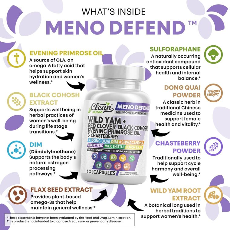 Clean Nutra Wild Yam Root Capsules with Red Clover Black Cohosh Evening Primrose Oil Chasteberry Dong Quai DIM Ashwagandha Grape Seed Extract Milk Thistle Lemon Balm and more Hormone Balance For Women - Image 3