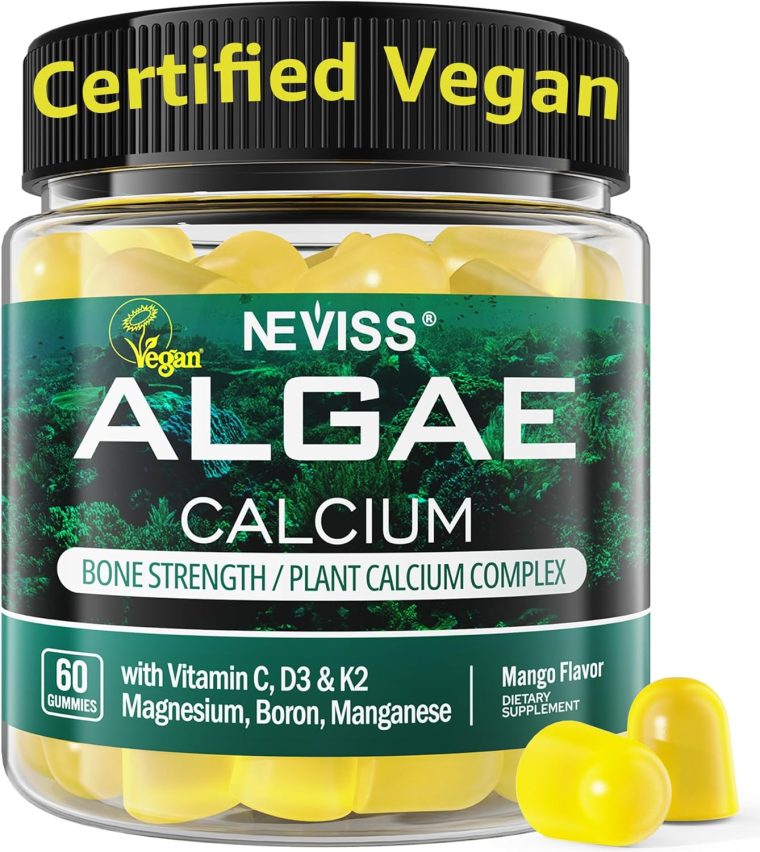 NEVISS Calcium Gummies for Women, Sugar Free Calcium Supplement with Vitamin D3 K2, C, Zinc, Boron, Sustainable Algae (3rd Party Tested) for Bone Strength, Calcium Absoption, Vegan, 60 Counts