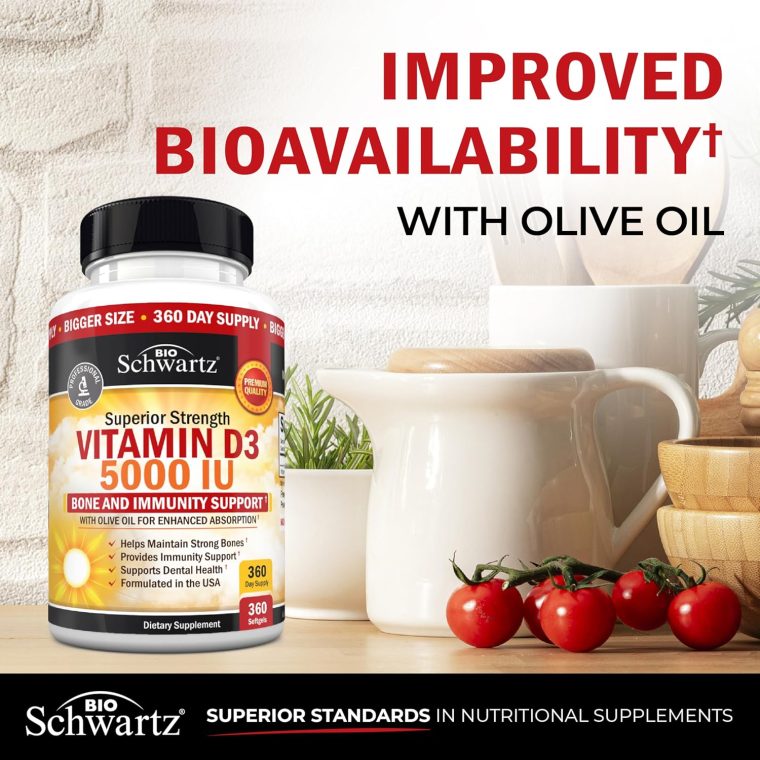Vitamin D3 5000 IU (125 mcg) Natural Immune Support Supplement, Bone Strength, Healthy Muscle Function, with Olive Oil for Highest Absorption, Gluten Free & Non-GMO, 1 Year Supply, 360 Softgels - Image 5