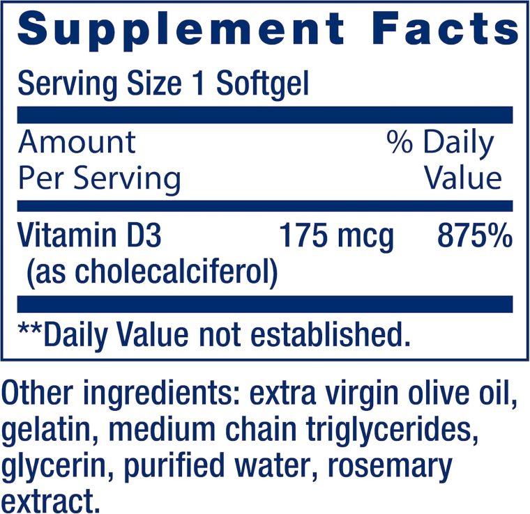 Life Extension Vitamin D3 175 mcg (7000 IU), Immune System Support, Bone Health, Brain Performance, Gluten-Free, Non-GMO, Once Daily, Two-Month Supply, 60 softgels - Image 3