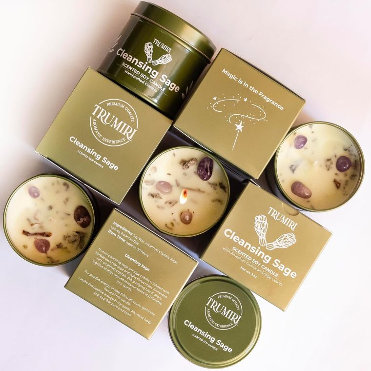 Sage Candle for Cleansing House Negative Energy Smudge Kit - 5oz Soy Wax Natural Clean Organic Non Toxic - Aromatherapy Spiritual Meditation Gifts - Long Lasting Highly Scented Candel with Crystals - Image 8
