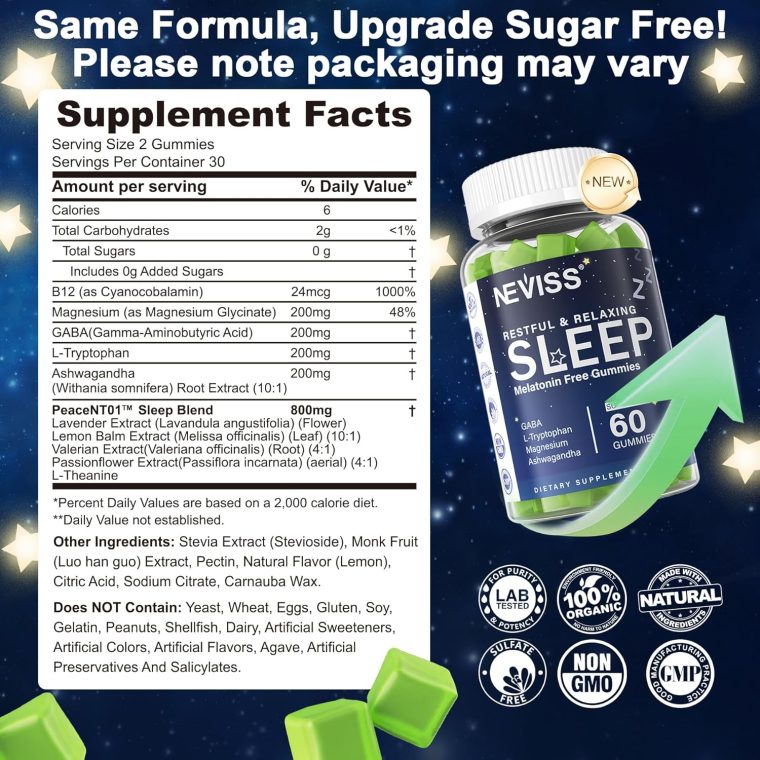 NEVISS Melatonin Free Sleep Aid Gummies for Adults - Magnesium Glycinate Gummies | GABA, L-Tryptophan, Magnesium, Ashwagandha - Non-Habit Forming, Help for Deep Relaxation - Vegan, Lemon Flavor, 2Pack - Image 2
