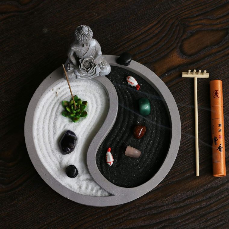 Mini Zen Garden Kit for-Desk - Yin Yang Crystal Sand Rock Garden with Zen Rake Buddha Statue Healing Stones White Sand, Japanese Meditation Gift Set for Home Office Desktop Fidget Toys - Image 3