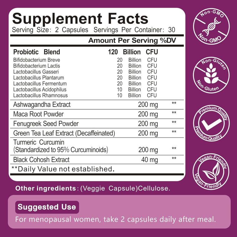 Menopause Supplements for Women, 120 Billion CFU Womens Probiotic, 13-in-1 Herbs Complex for Menopause Relief, Hormone Balance, Hot Flashes, Mood Swings, Night Sweats (60 Capsule) - Image 2
