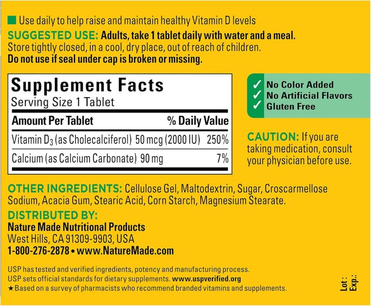 Nature Made Vitamin D3 2000 IU (50 mcg), Dietary Supplement for Bone, Teeth, Muscle and Immune Health Support, 220 Tablets, 220 Day Supply - Image 5