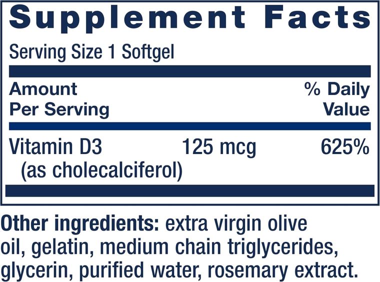 Life Extension Vitamin D3 125 mcg (5000 IU), Bone Health, Brain Performance, Immune System Support, Gluten-Free, Non-GMO, Once Daily, Two-Month Supply, 60 Softgels - Image 3