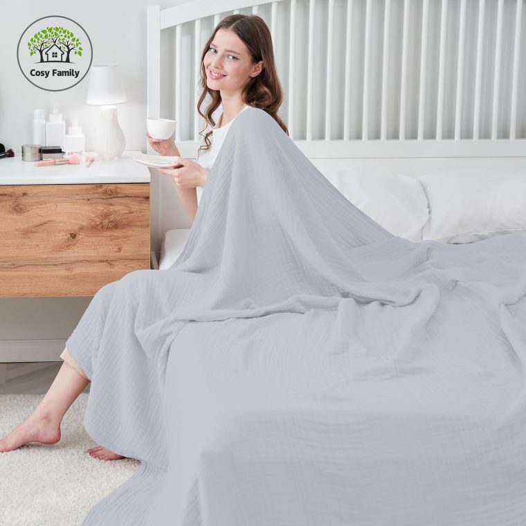 Cosy Family 4 Layer Muslin Bed Blanket - Breathable and Lightweight Gauze Boho Blanket for Spring, Soft 100% Cotton Muslin, Slate, 80x90 Inches - Image 4