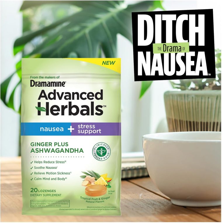 From the Makers of Dramamine, Advanced Herbals, Nausea and Stress Support with Ginger and Ashwagandha, Tropical Fruit and Ginger Flavored Lozenges, 20 Ct - Image 6