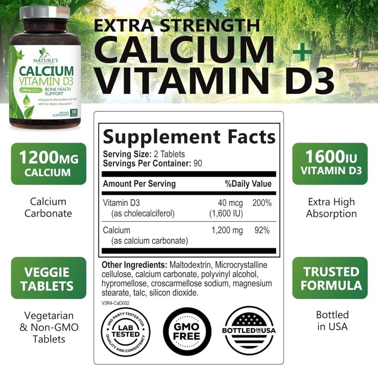 Calcium Supplement with Vitamin D - 1200 mg Calcium Carbonate with 1600 IU of D3 Vitamins - Supports Bone Strength, Teeth & Immune System - Natural & Easily Absorbable for Women & Men - 180 Tablets - Image 2