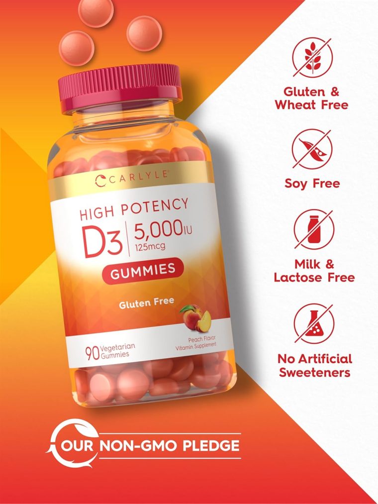 Carlyle Vitamin D3 Gummies | 5000 iu | 90 Count | Peach Flavored Gummy | High Potency for Adults | Vegetarian, Non-GMO, Gluten Free Supplement - Image 5