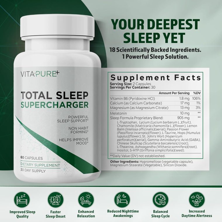 Total Sleep Supercharger - Ultra Strength Sleep Aid for Adults - 18 Powerful Ingredients (Magneisum, Melatonin, 5-HTP, Taurine, GABA + 13 More) - 3rd Party Tested & Backed Formula - 60 Capsules - Image 2
