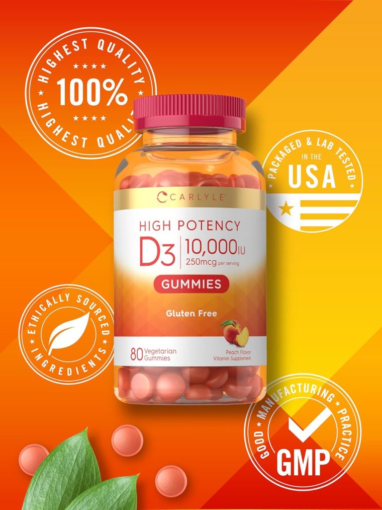 Carlyle Vitamin D3 10000iu Gummies for Adults | 80 Count | Peach Flavored Gummy | High Potency for Women & Men | Vegetarian, Non-GMO, Gluten Free Supplement - Image 6