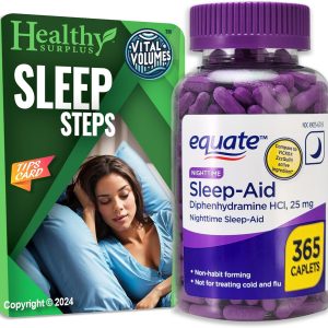 Equate Sleep-Aid Diphenhydramine HCI 25 mg 365 Caplets and Vital Volumes Sleep Steps Tips Card