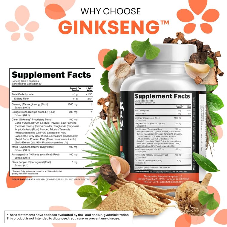 Clean Nutraceuticals Panax Ginseng Ginkgo Biloba Ashwagandha Maca Root - Focus Supplement Pills for Women and Men with Pine Bark Extract, Garlic, and Saw Palmetto - 60 Caps - Image 4