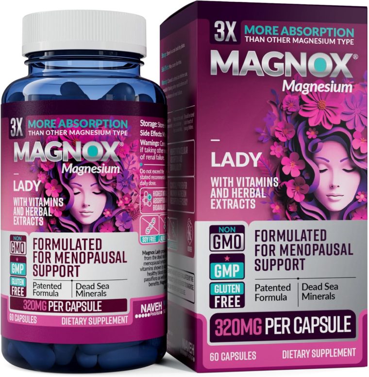 MAGNOX Lady Magnesium Supplement | Menopause and PMS Support Supplement for Women | Magnesium Complex with Vitamins B6, B1, B12, D, Zinc | High-Absorption Dead Sea Organic | 60 Capsules