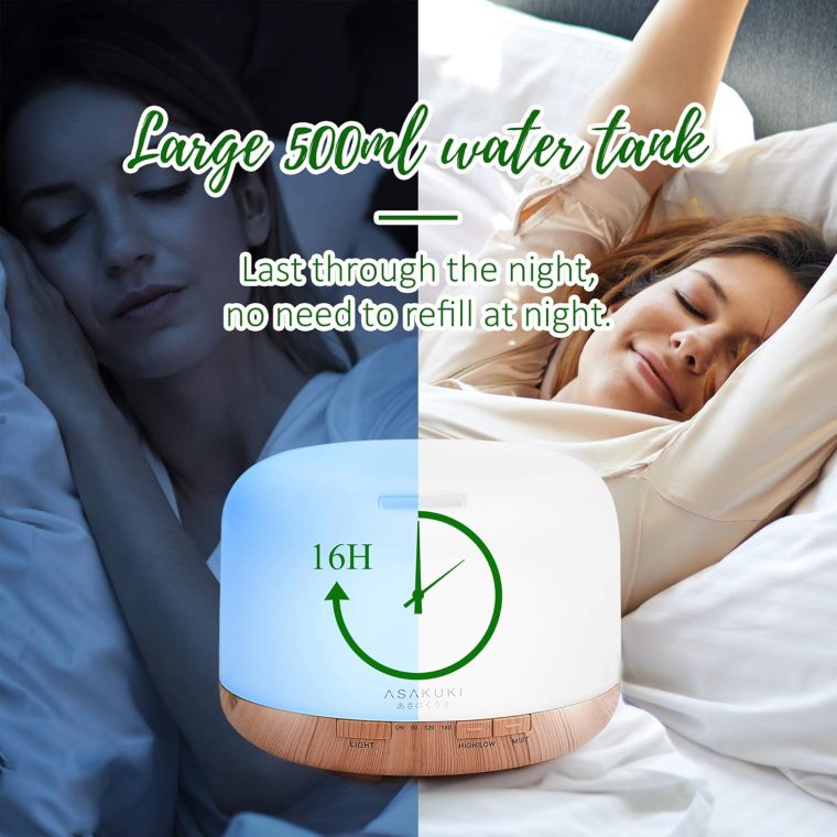 ASAKUKI Oil Diffuser with Essential Oils Set, 500ml Aromatherapy Humidifier with 14 LED Colors & Auto Shut-Off - 6 Oil Gift Pack(Lavender Eucalyptus Tea Tree Orange Peppermint Lemongrass) - Image 4