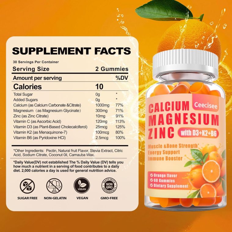 Calcium Magnesium Zinc Gummies with D3 &B6 &K2,1000mg Calcium Gummies with 300mg Magnesium Support Immune Energy for Adults and Teens,Sugar Free (Pack of 2) - Image 2