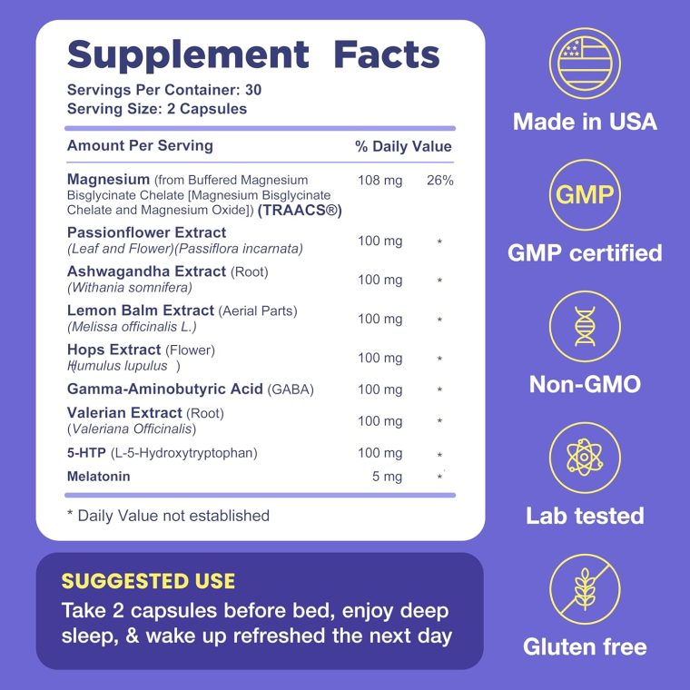 9-in-1 Natural Sleep Aid for Adults - USA Made, Lab Tested with 5mg Melatonin, 108mg Magnesium for Sleep - TRAACS, Ashwagandha, Valerian Root, GABA, 5HTP, Sleep Supplement for Adults, Vegan, 60 Caps - Image 2