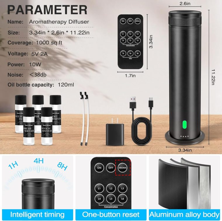 Waterless Scent Diffuser Starter Kit - Suitable for Home and Hotel Series Air Diffuser, 800 Square Inches of Coverage, 7 Kinds of Scented Essential Oils, Remote Control, Atomizer Core Black - Image 7
