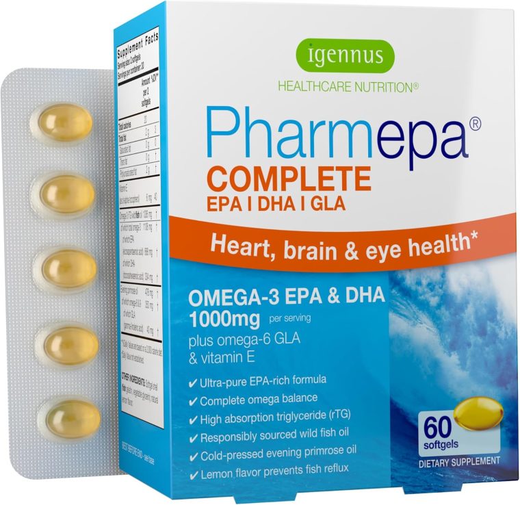 Igennus Pharmepa Complete EPA 668mg & DHA 334mg Omega-3 Fatty Acids 1000mg, rTG Form, High Potency Fish Oil Plus Omega-6 & 9 from GLA Evening Primrose Oil, IFOS Certified, Lemon Flavor, 60 Softgels