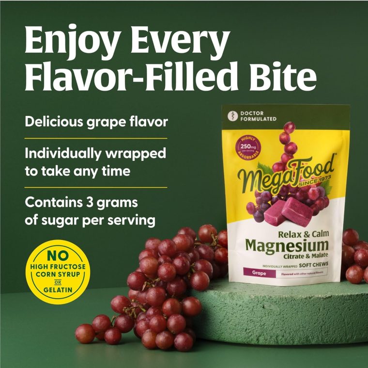 MegaFood Relax + Calm Magnesium Supplement - Soft Chews with Magnesium Citrate & Malate for Heart Health, Muscle Tension & More - Vegetarian - Grape-Flavor - 60 Chews (30 Servings) - Image 4