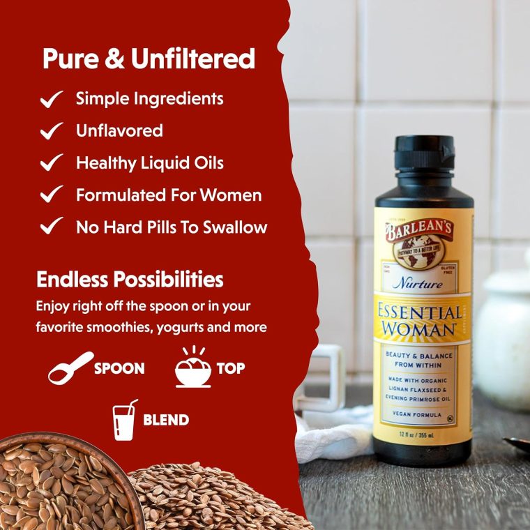 Barlean's Essential Woman Liquid Supplement for Women, Organic Flaxseed and Evening Primrose Oil for Healthy Hair, Nails and Skin, Omega 3 6 9 and GLA, 12 oz - Image 4