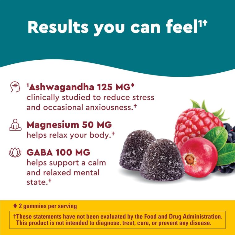 Nature Made Wellblends Calm Mind & Body, Magnesium Citrate, Ashwagandha 125mg & GABA 100mg Blend for Stress Relief, 38 Gummy Vitamins - Image 3