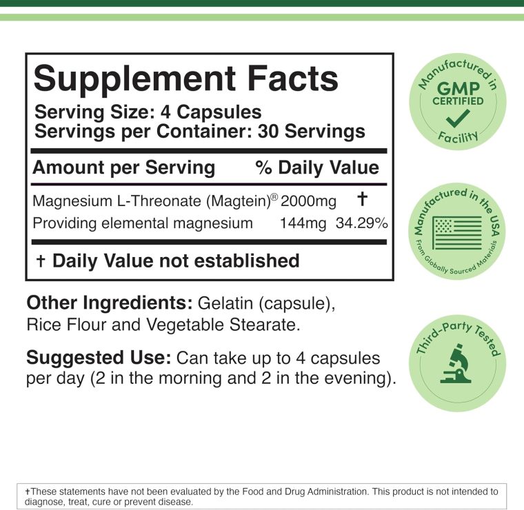 Magnesium L Threonate, Magtein™, Sleep and Cognitive Support – High Absorption – Most Bioavailable Form of Magnesium – 2,000 mg – 120 Capsules - Image 2