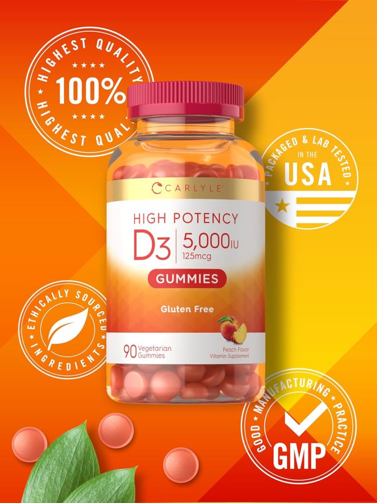 Carlyle Vitamin D3 Gummies | 5000 iu | 90 Count | Peach Flavored Gummy | High Potency for Adults | Vegetarian, Non-GMO, Gluten Free Supplement - Image 6