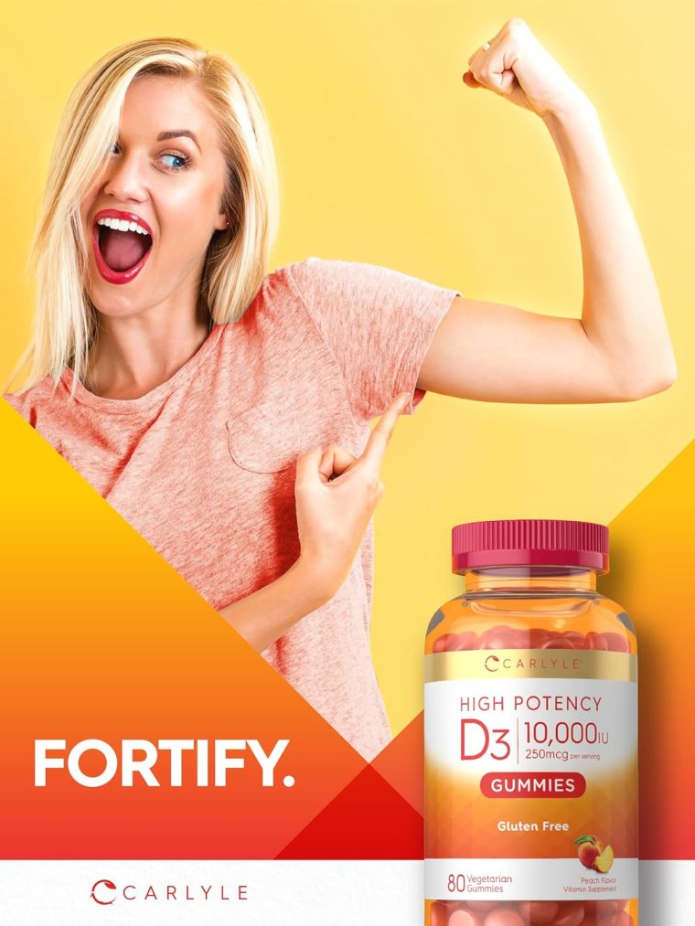 Carlyle Vitamin D3 10000iu Gummies for Adults | 80 Count | Peach Flavored Gummy | High Potency for Women & Men | Vegetarian, Non-GMO, Gluten Free Supplement - Image 7