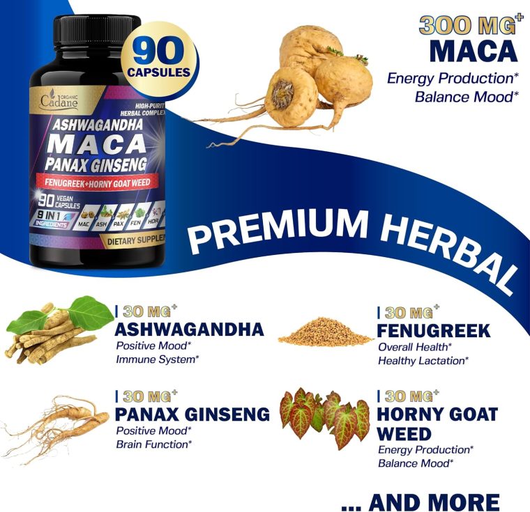 Organic Cadane Maca Root, Ashwagandha, Panax Ginseng Supplement - 90 Capsules 3 Months with Fenugreek, Tongkat Ali & More - Support for Strength, Stamina, Energy Production & Immunity - Image 3