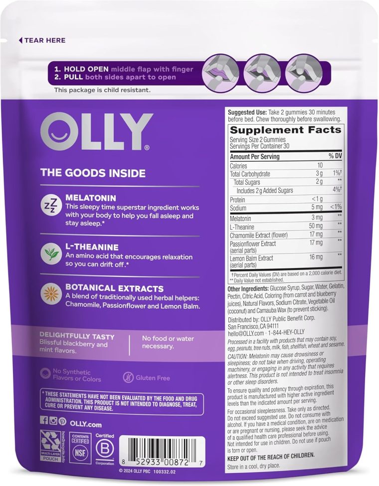 OLLY Sleep Gummy, 3 mg Melatonin, L-Theanine, Chamomile, and Lemon Balm Extracts, Blackberry Flavor, 30 Day Supply - 60 Count - Image 8