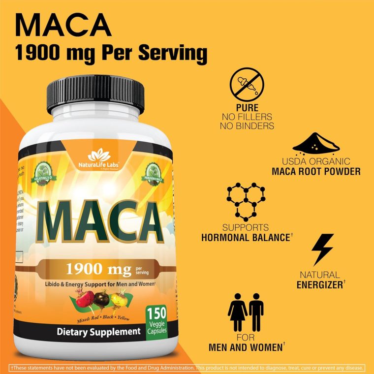 Organic Maca Root Black, Red, Yellow 1900 MG per Serving - 150 Vegan Capsules Peruvian Maca Root Gelatinized 100% Pure Non-GMO Supports Reproductive Health Natural Energizer - Image 4