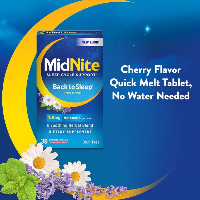 MidNite Back to Sleep Low Dose, 1.5 mg Melatonin Sleep Aid, Non-Habit Forming, Herbal Dietary Supplement for Adults, Drug-Free, Gluten-Free, Lactose-Free, Vegetarian, Vegan, 30 Quick Melt Tablets - Image 5