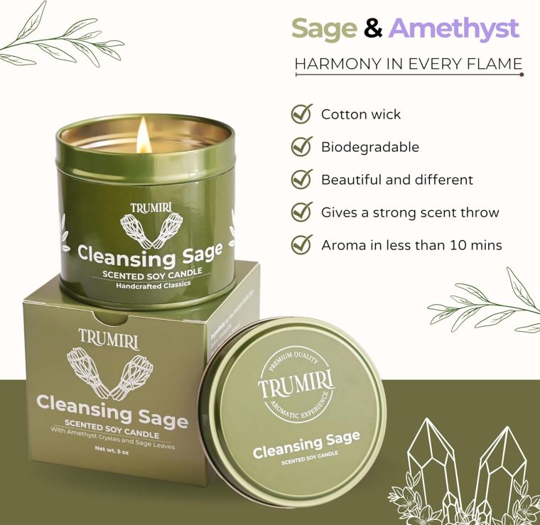 Sage Candle for Cleansing House Negative Energy Smudge Kit - 5oz Soy Wax Natural Clean Organic Non Toxic - Aromatherapy Spiritual Meditation Gifts - Long Lasting Highly Scented Candel with Crystals - Image 4