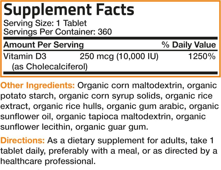Bronson Vitamin D3 10,000 IU (250 mcg) Certified Organic High Potency Non-GMO Vitamin D Supplement, 360 Tablets - Image 7