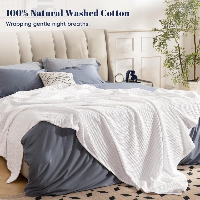 PHF Pre-Washed Cotton Waffle Weave Blanket Queen Size for Bed,Snag Proof Throw Blanket for Couch Spring Summer Lightweight Breathable,Oeko-TEX Certified,Machine Washable, Home Decor Gift-White - Image 2