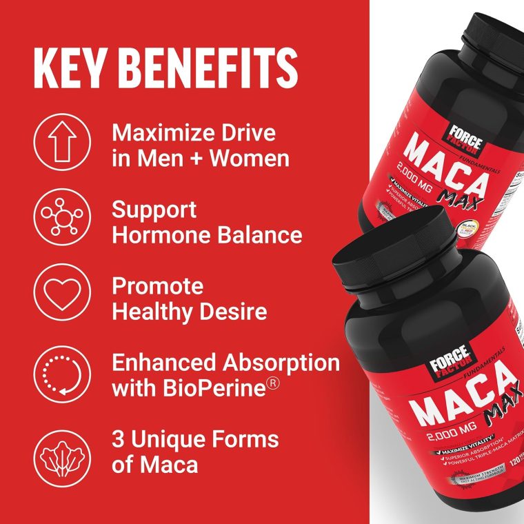 Force Factor Maca Max, Maca Root Capsules to Maximize Vitality & Performance, Made with Black Maca, Red Maca, & Yellow Maca Powder, Maca Root Powder, 2000mg, 120 Capsules - Image 2