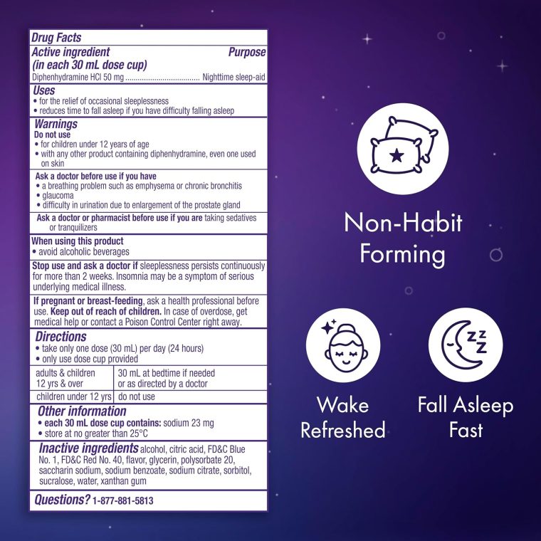 ZzzQuil, Sleep Aid, Nighttime Sleep Aid Liquid, 50 mg Diphenhydramine HCl, Fall Asleep Fast, Non-Habit Forming, Warming Berry Flavor, 12 FL OZ - Image 9